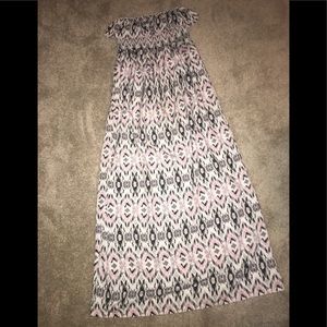 Pink, grey, and white strapless maxi dress